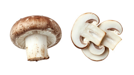 Fototapeta premium Whole and sliced cremini mushrooms isolated on transparent background