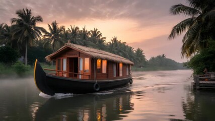Peaceful houseboat gliding along serene Kerala backwaters at sunrise, India