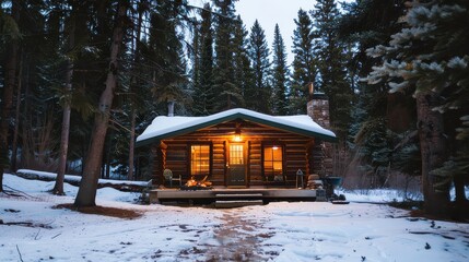 Rustic Log Cabin in Snowy Winter Woods, Glowing Warmly at Dusk