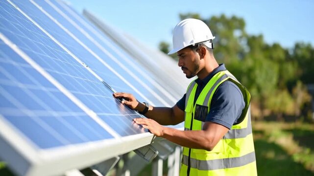 Engineer or worker, inspecting solar panels, renewable energy.