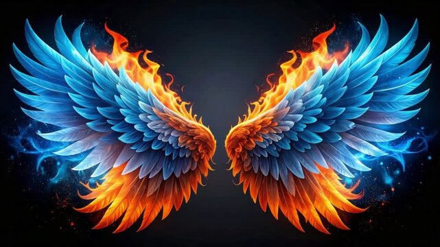 Large glowing butterfly wings in blue and orange colors, fantasy, bioluminescence.