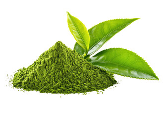 Green matcha powder with fresh vibrant green tea leaves
