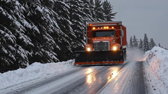 Snow plow clearing icy winter road with bright headlights, snowy forest background, heavy snowfall, cold weather, transportation safety, maintenance