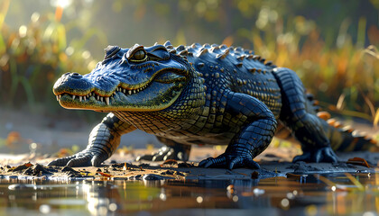 Fototapeta premium A large caiman with textured, armored skin walks along the muddy bank of a sunlit river in the jungle.
