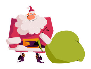 Vector illustration of a smiling cartoon Santa Claus holding a big green bag with presents. Bright festive Christmas character for cards, posters, packaging, and winter holiday design