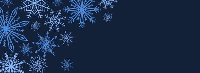 Vector illustration of blue snowflakes forming a corner border on a dark background. Elegant winter design perfect for Christmas cards, invitations, posters, and holiday decorations