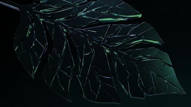 Seamlessly looping video featuring abstract sharp geometric leaf-inspired fragments slowly rotating and assembling into a dynamic futuristic pattern texture, modern, science