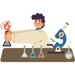Scientist In Lab Coat Holding A Flask With Fire Over A Microscope And Test Tubes On A Table With A Transparent Background