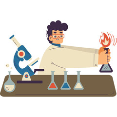 Scientist Wearing Lab Coat Holding Flask with Flame Next to Microscope and Beakers on Table With Transparent Background