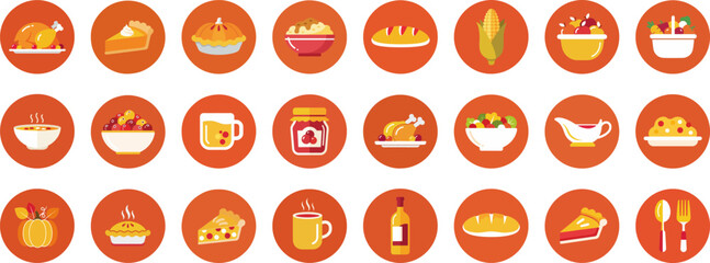 24 flat circular icons of food and beverages in a warm color palette