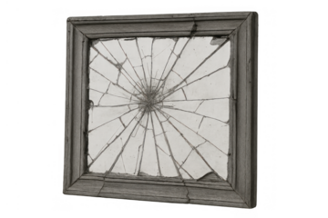 Broken window glass in old wooden frame showing impact damage, crack pattern, and destruction, transparent background