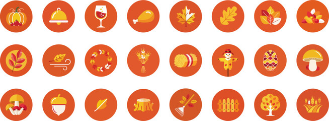 24 autumn-themed icons in round badges with warm palette