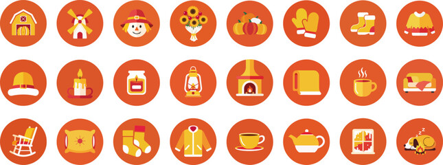 24 Autumn-Themed Flat Design Icons in Circular Badges with Earthy Orange-Brown Background
