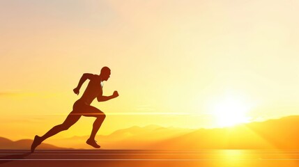 Silhouetted runner sprinting into a golden sunrise, dynamic motion and inspirational landscape.
