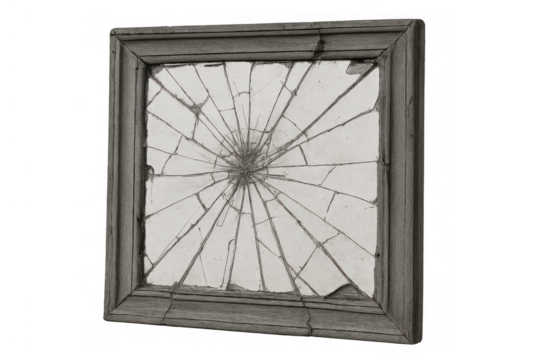 Broken window glass in old wooden frame showing impact damage, crack pattern, and destruction, transparent background