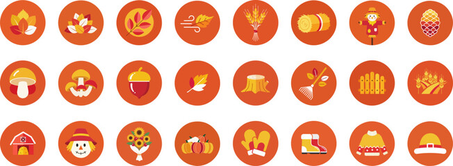 24 autumn-themed icons in flat design style with circular shape and earthy brown palette