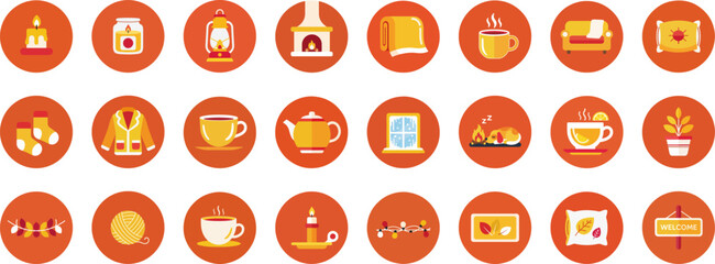 24 autumnal flat circular icons on orange-brown background