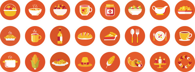 24 circular flat food icons in bright colors on brown background