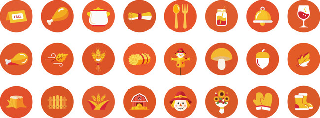 24 autumn-themed circular icons set with warm earthy brown palette