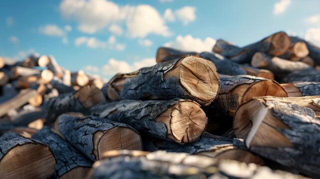 Piles of cut wood logs stacked under a clear blue sky with fluffy clouds during a sunny day