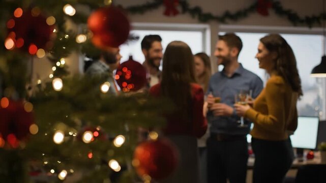 Blurred image of a christmas party in an office with colleagues socializing near a decorated christmas tree vector illustration