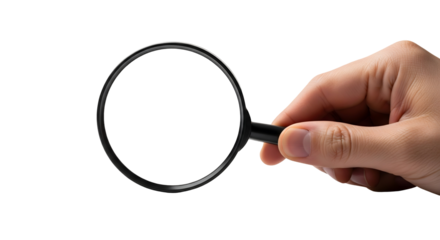 Close-up shot of a hand holding a magnifying glass, isolated on transparent background	
