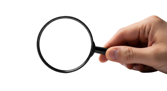 Close-up shot of a hand holding a magnifying glass, isolated on transparent background	
