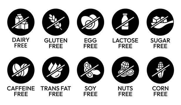 Set allergen free icons set. Allergen free products. Products warning symbols. Lactose, gluten, sugar free, corn, egg, trans fat, soy, nuts free, caffeine sign.