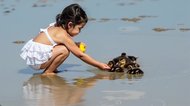a young girl is playing with a duck