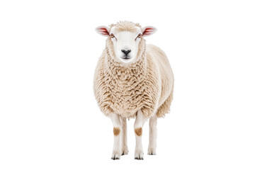 Fototapeta premium Fluffy sheep faces forward, isolated on black backdrop