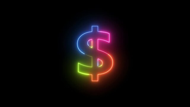 Neon Dollar Sign Animation Loop Vibrant Gradient Hues on Black Background Glowing Finance Symbol Motion