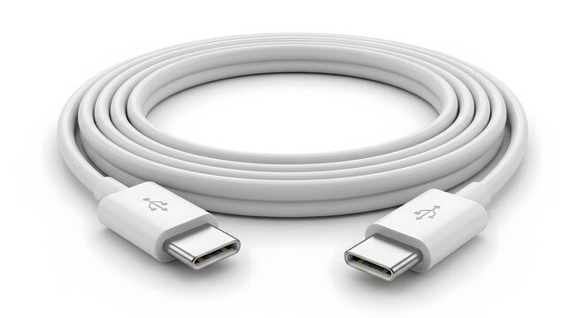 A modern white USB Type C power delivery and data transfer cable coiled neatly on an isolated white studio background