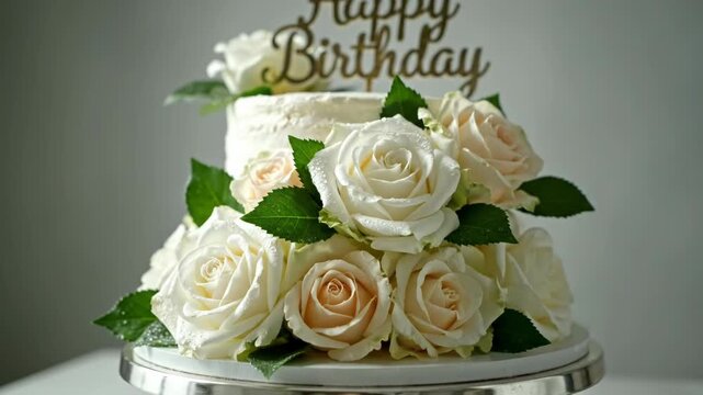 Elegant twotier white birthday cake adorned with fresh white and cream roses and green leaves, topped with a happy birthday cake topper vector illustration