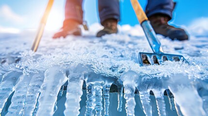 Person clearing thick ice and dangerous icicles from a frozen surface with a tool during winter, cold weather maintenance
