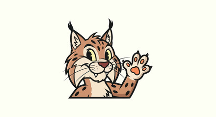 Cartoon bobcat waving, brown and tan fur with black accents and paw pads, over white background