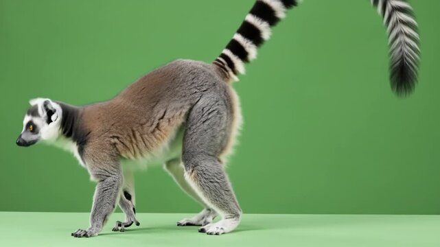 A ring-tailed lemur stands alert, showcasing its distinctive striped tail against a vibrant green backdrop.