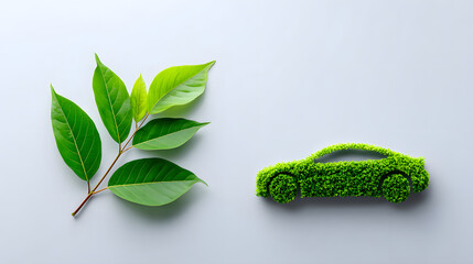 Green electric car eco vehicle sustainable transport clean energy environmental concept green leaf minimal design modern style nature symbol zero emission. Green electric car silhouette crafted
