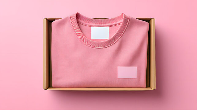 Pink t shirt folded blank label cardboard box minimal pastel mockup retail packaging apparel soft cotton crewneck tag plain clean front view template fashion gift tidy tidy presentation adds calm
