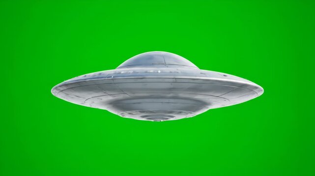 A silver unidentified flying object ufo hovering against a bright green background vector illustration