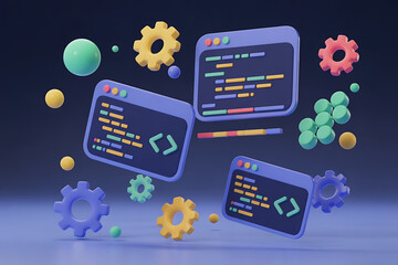 Abstract 3d render of programming code windows and gears on a dark background