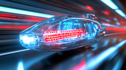 Futuristic hovercraft racing speed neon motion technology transparent aerodynamic sci fi vehicle glides through luminous tunnel with dynamic blur conveying adrenaline and precision engineering