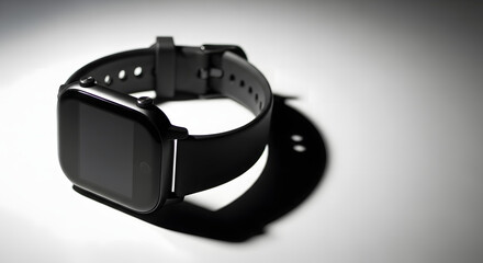 Obraz premium Sleek Black Smartwatch on a White Surface A Modern Timekeeping Essential