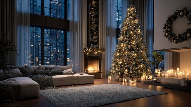 a modern living room with a tall christmas tree decorated in gold and white ornaments fairy lights glowing softly fireplace nearby with garland and candles