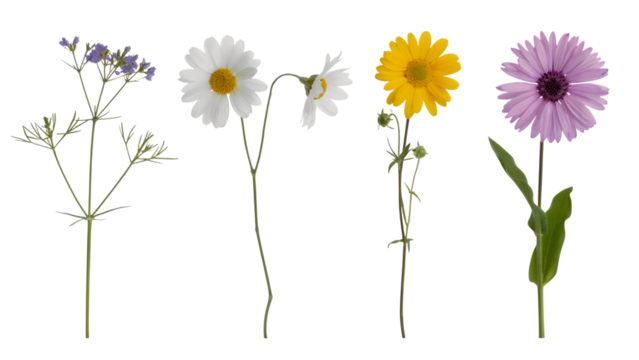 various colorful wildflowers with green stems . Isolated on transparent background, png