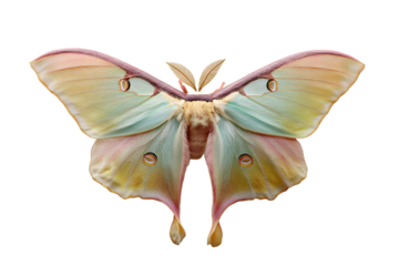 Beautiful luna moth with pale green and pink wings displayed