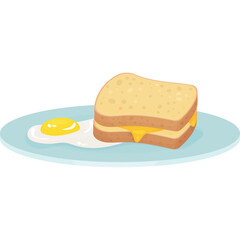Simple Breakfast Meal Featuring a Toasted Cheese Sandwich and a Fried Egg on a Light Blue Plate Against a Transparent Background