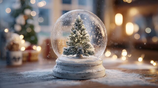 illuminated christmas tree in festive snow globe