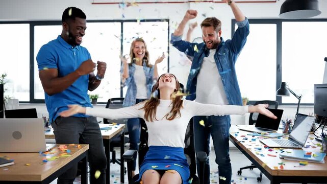Diverse group of colleagues celebrating success with confetti in a modern office, highfiving and cheering with joy and excitement vector illustration