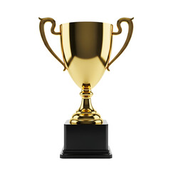 A gleaming gold trophy standing tall on a black base, showcasing elegance and prestige. Its intricate design and polished surface captivate the viewer, isolated on transparent background	
