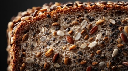 Fototapeta premium closeup of a nutritious multigrain bread slice showcasing its textured crust and interior with a variety of seeds embedded throughout